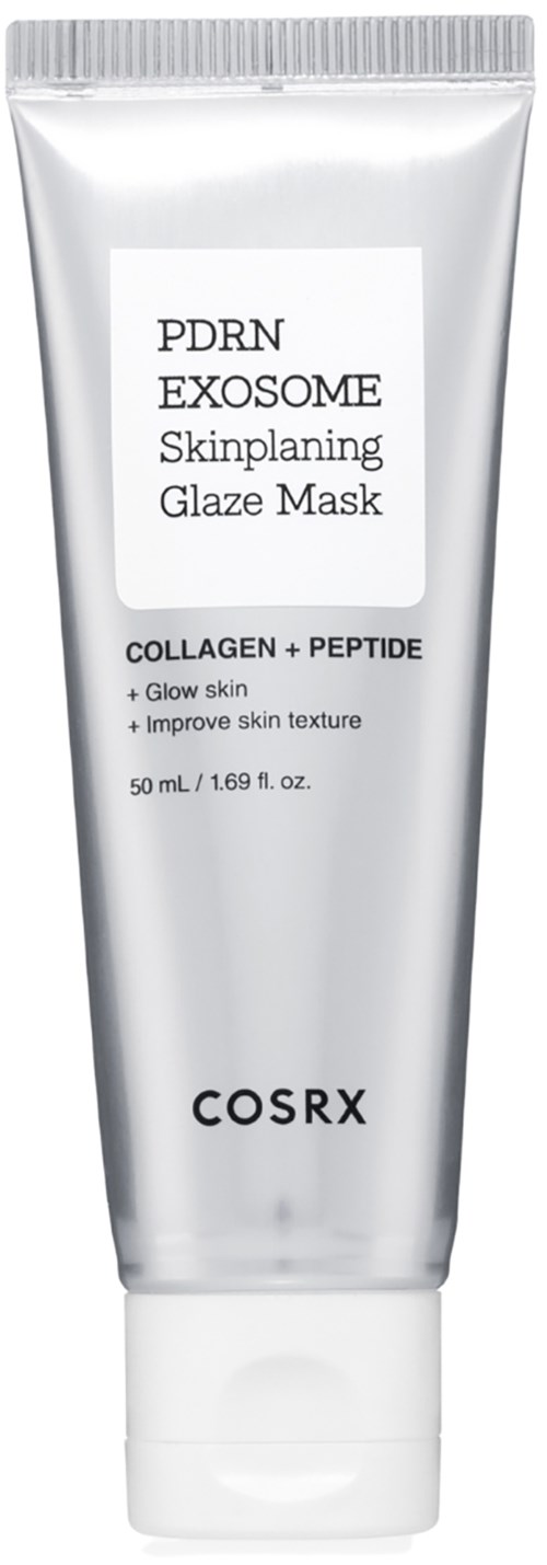 Een zilverkleurige tube met gezichtsmasker genaamd PDRN EXOSOME Skinplating Glaze Mask van COSRX, gericht op collageen en peptidevoordelen.
