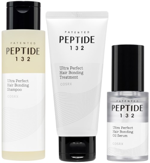 Drie haarverzorgingsproducten met Peptide 132 voor haarbinding: shampoo, behandeling en olie serum.