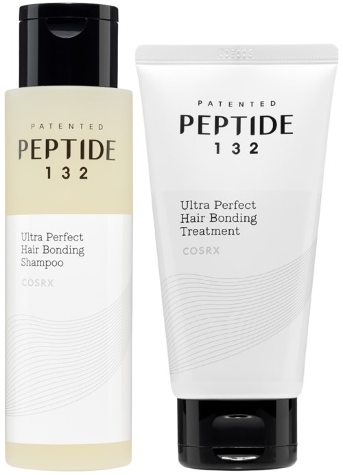 Twee haarverzorgingsproducten met 'PEPTIDE 132', shampoo en behandeling, witte verpakking en zwarte doppen.
