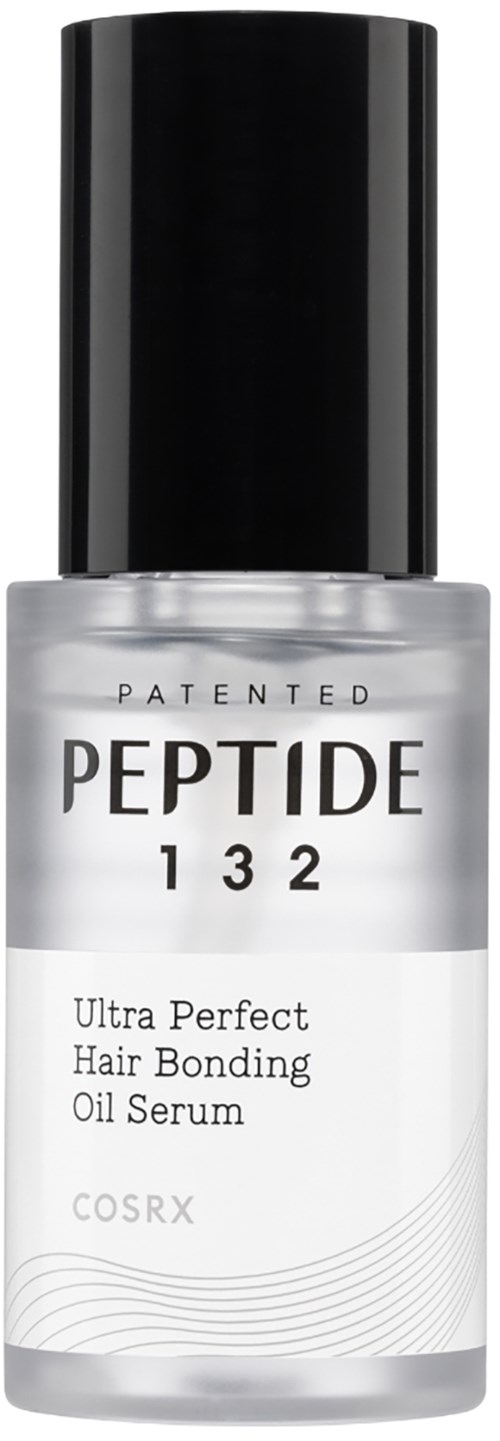 Een kleine doorzichtige fles met een zwarte dop, gelabeld 'PEPTIDE 132, Ultra Perfect Hair Bonding Oil Serum.'