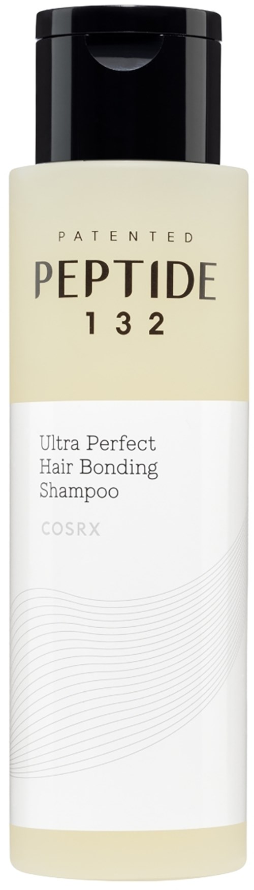 Fles met label Peptide 132 Ultra Perfect Hair Bonding Shampoo, met zwarte dop en witte body.