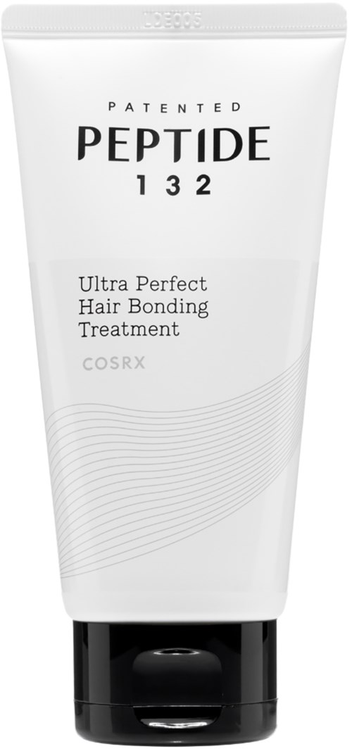 Een witte tube met 'Peptide 132 Ultra Perfect Hair Bonding Treatment' en zwarte dop.