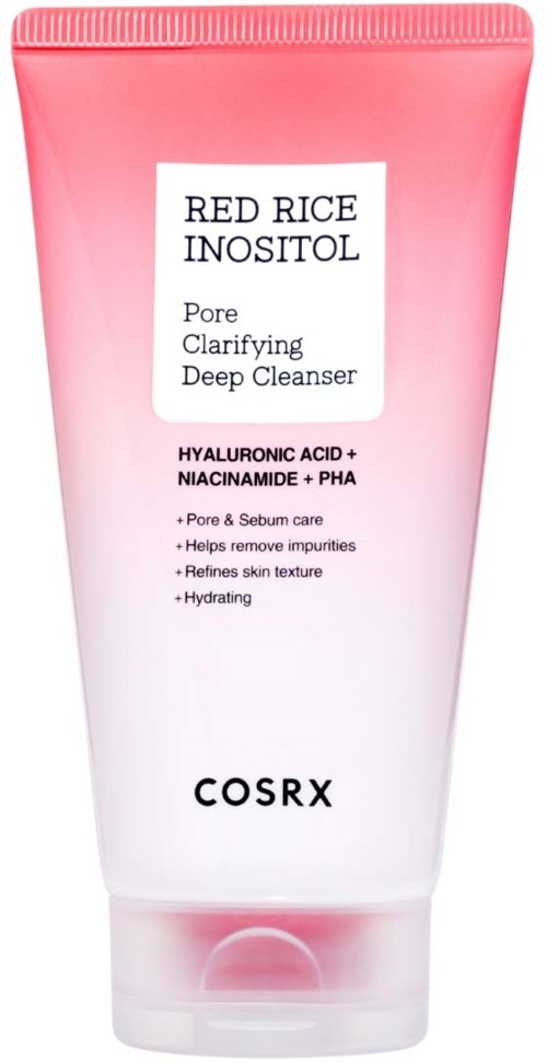 Pink og hvit tube med renseprodukt og svart og hvit etikett som viser merket COSRX og produktinformasjon.