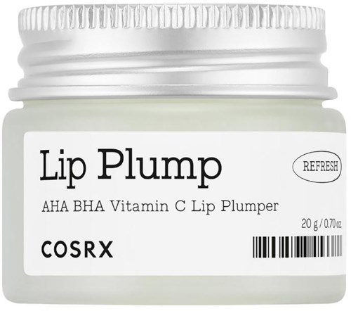Een kleine witte pot met label 'Lip Plump' bevat lipbalsem met AHA, BHA, Vitamine C van COSRX.
