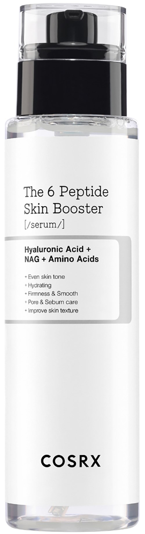 Eine transparente Flasche mit schwarzem Pumpkopf, enthält Hautserum mit der Aufschrift 'The 6 Peptide Skin Booster' und 'COSRX'.