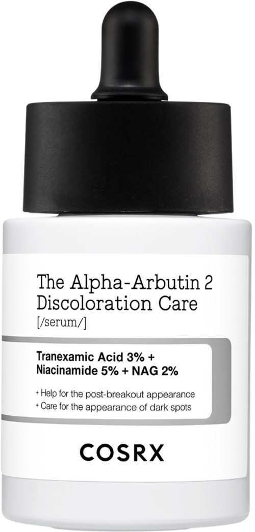 Een witte fles met een zwarte pipetdop, gelabeld voor donkere vlekken behandeling met ingrediënten Tranexamic Acid, Niacinamide en NAG.