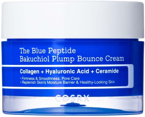 Blå beholder med Bakuchiol Plump Bounce Cream med ingredienser som kollagen, hyaluronsyre og ceramide.