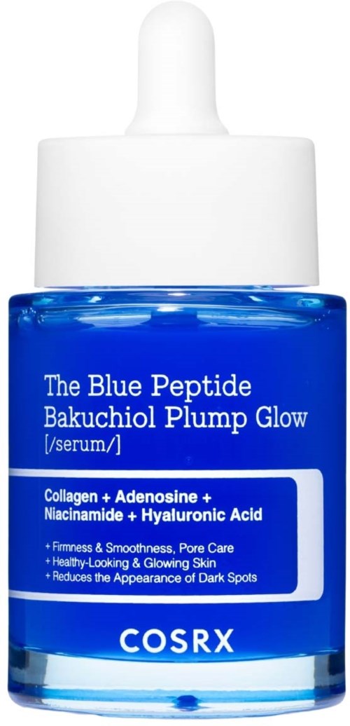 En blå serumflaske med hvit droppekork, merket The Blue Peptide Bakuchiol Plump Glow av COSRX.