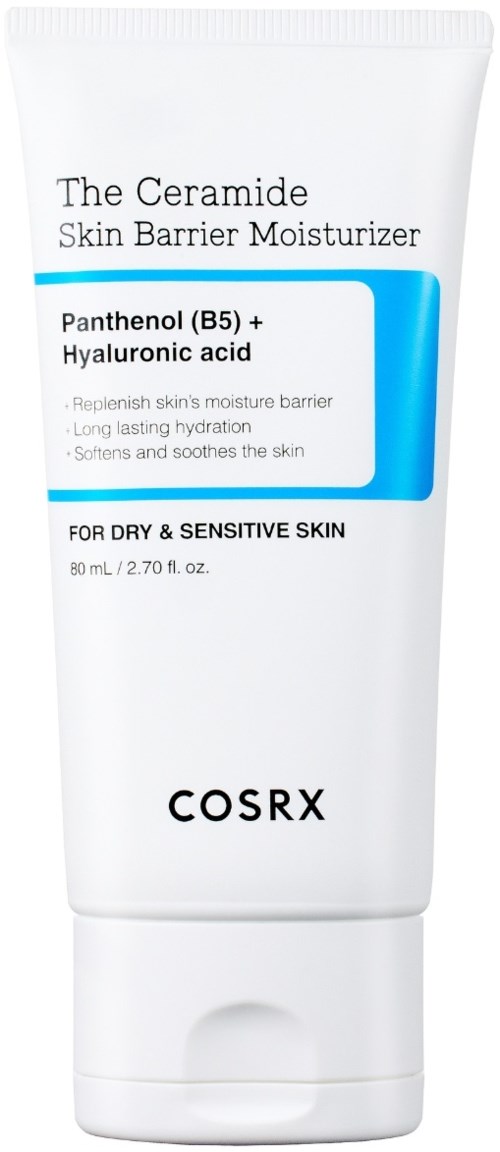 Een witte tube moisturizer met blauwe en zwarte tekst, bedoeld voor droge en gevoelige huid, bevat ceramide, panthenol en hyaluronzuur.