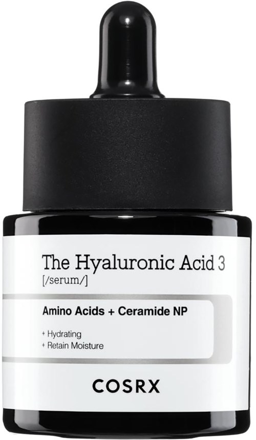 Het product is een klein zwart flesje met pipet, gelabeld als hyaluronzuur serum met aminozuren en ceramide.