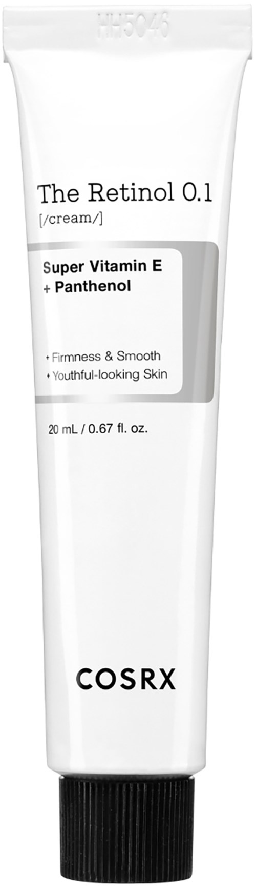 Een witte tube huidcrème met zwarte dop, gelabeld als The Retinol 0.1 en COSRX, voor jeugdige huid.