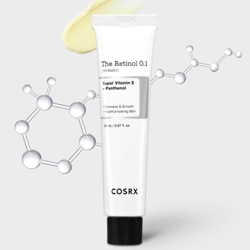 Een tube met de label 'The Retinol 0.1' met een beetje crème ernaast en moleculaire structuren op de achtergrond.