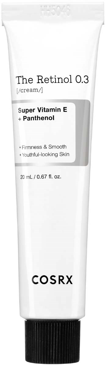 Valkoinen putkilomuoviputki, jossa lukee 'The Retinol 0.3' ja sisältää E-vitamiinia ja panthenolia nuorekkaalle iholle.
