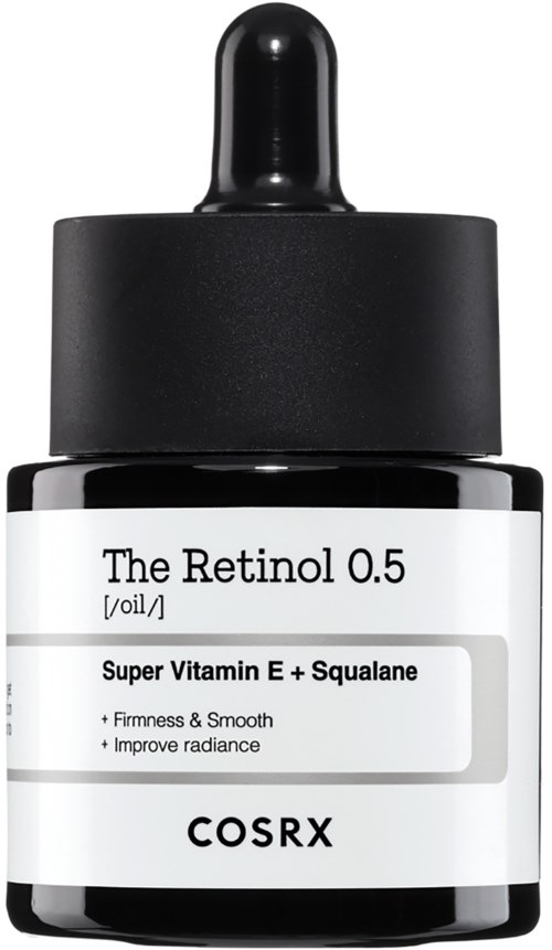Een zwart-wit flesje huidverzorgingsserum genaamd The Retinol 0.5 met een pipet bovenop.