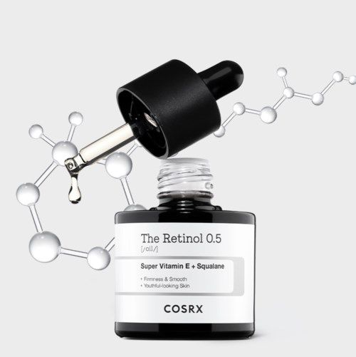 Een huidverzorgingsproduct met de naam 'The Retinol 0.5' met pipet en moleculaire structuren op de achtergrond.