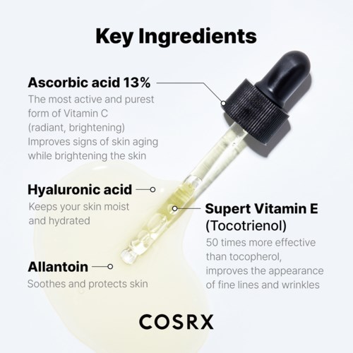Belangrijke ingrediënten: Vitamine C, hyaluronzuur, vitamine E en allantoin, met hun voordelen uitgelegd.