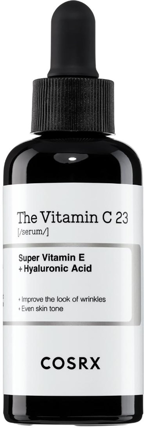 Een donkere glazen fles met pipet, gelabeld 'The Vitamin C 23' en 'Super Vitamin E + Hyaluronic Acid' van COSRX.
