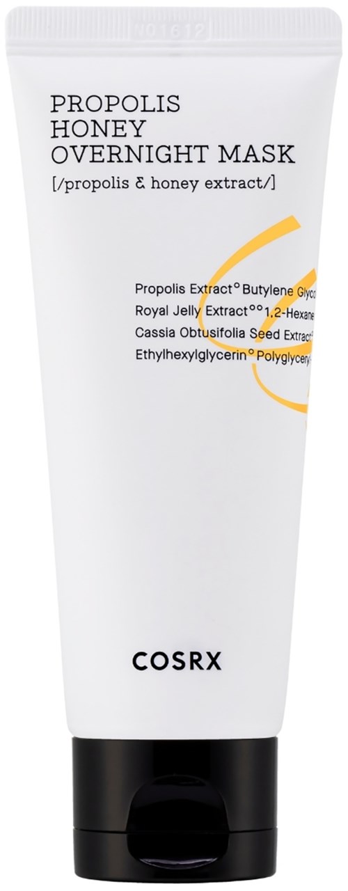 Ein weißer Tuben Propolis Honey Overnight Mask mit schwarzem Deckel, beschriftet mit Produktname und Inhaltsstoffen.