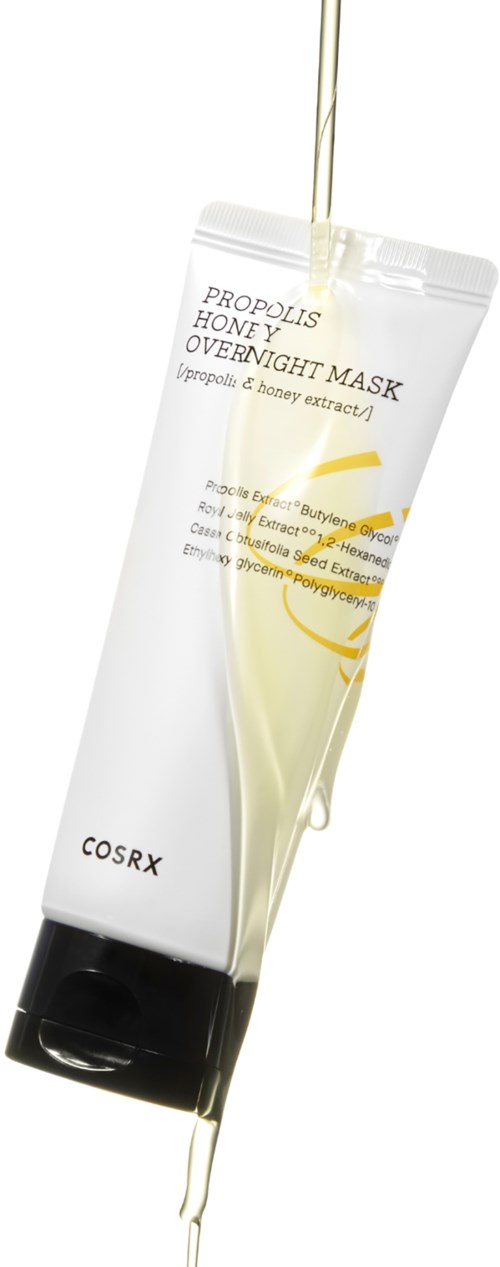 Eine Tube mit Hautpflegeprodukt namens 'Propoli's Honey Overnight Mask' mit Honig und Propolis. Die Tube ist geöffnet, und Flüssigkeit läuft heraus.
