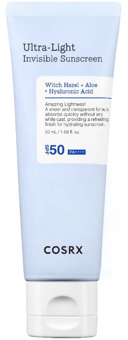 A white sunscreen tube labeled 'Ultra-Light Invisible Sunscreen' with SPF 50, featuring ingredients like witch hazel, aloe, and hyaluronic acid.