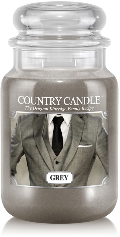 A grey scented candle with a label showing a man in a suit and tie. The label says "COUNTRY CANDLE" and "GREY."
