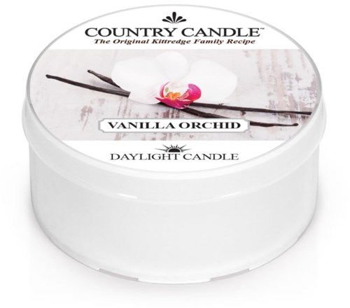 A white candle container with a label for vanilla orchid scent, featuring a flower and vanilla sticks illustration.