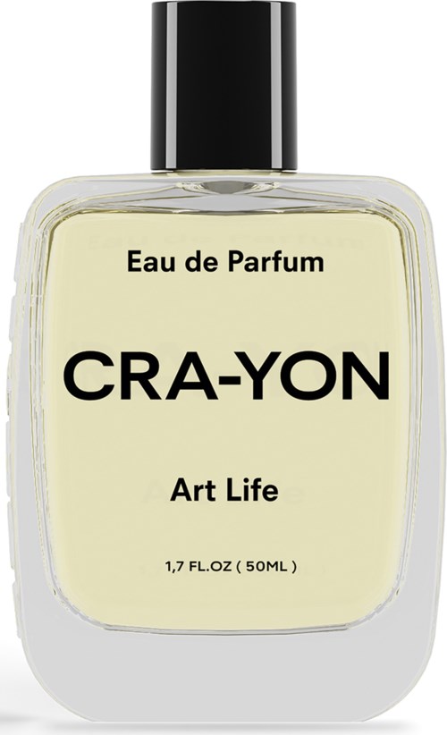 Een doorzichtige parfumfles met zwarte dop, gelabeld 'CRA-YON' en 'Art Life,' bevat 50 ml geur.