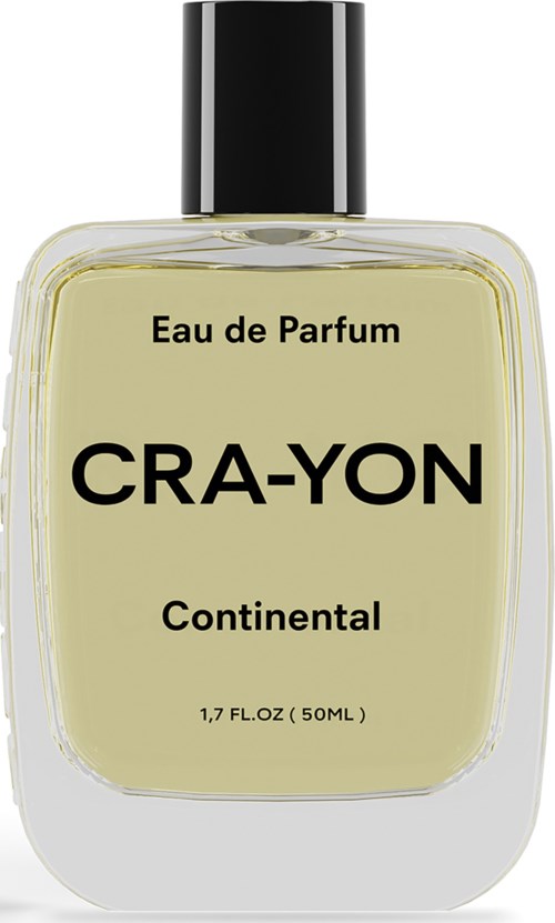 Een parfumfles met label "CRA-YON" en zwarte dop, bevat Eau de Parfum van Continental, 50 ml.