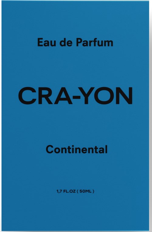 Blauwe parfumdoos met tekst: Eau de Parfum, CRA-Y-ON, Continental, 1,7 FL.OZ (50ML).