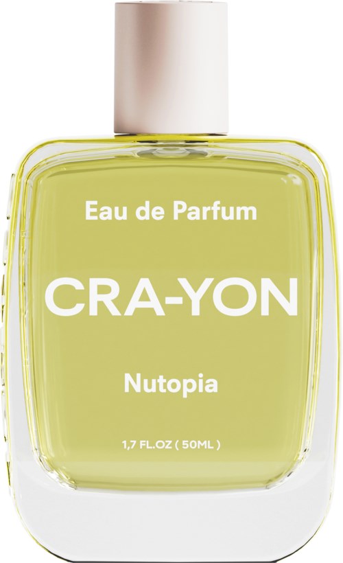Een parfumfles met witte dop, gele vloeistof en de woorden 'Cra-Yon,' 'Nutopia' en 'Eau de Parfum.'