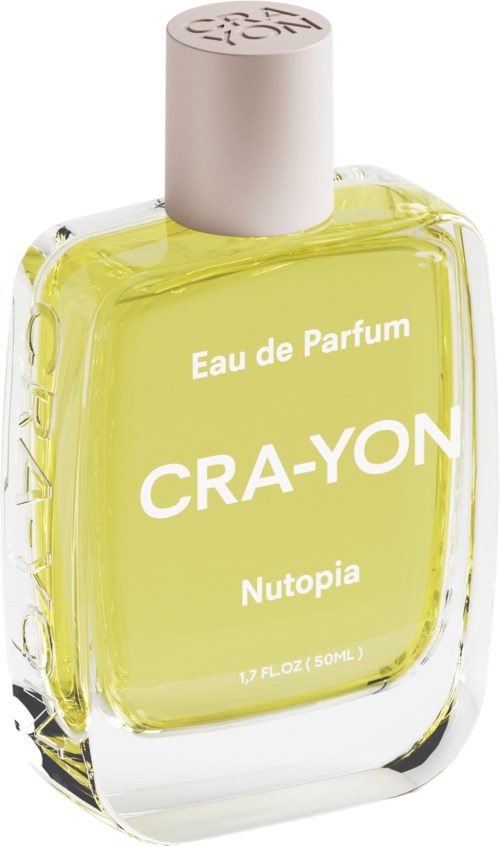 Een parfumfles met gele vloeistof, roze dop en witte tekst: 'Eau de Parfum CRAYON Nutopia'.