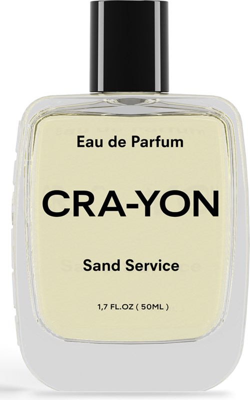 Een parfumfles met een zwarte dop en een label dat zegt 'Eau de Parfum CRA-YON Sand Service'.