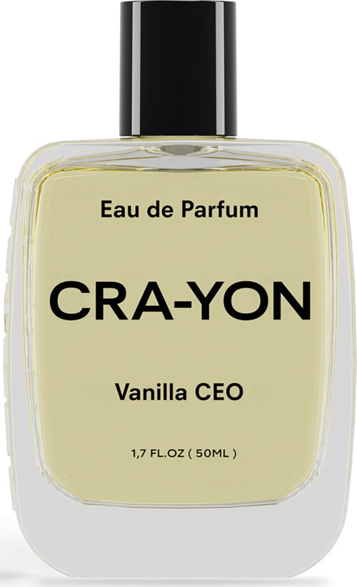 Een parfumfles met label 'CRA-YON', Vanilla CEO, met zwarte dop en lichtgele vloeistof.