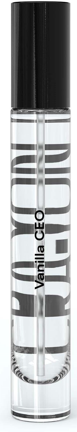 Een doorzichtige tube met zwarte dop en zwarte tekst die zegt "Vanilla CEO".