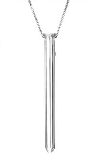 A silver necklace with a long, thin, pointed pendant hanging from a chain.