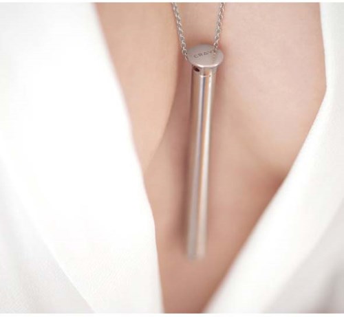 A person wears a silver necklace with a long, thin pendant hanging from it.