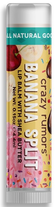 Huulivoide sheavoin ja banaanin makuisena, koristeltu värikkäällä nonparellilla ja hedelmillä, pääasiassa banaani ja mansikka.