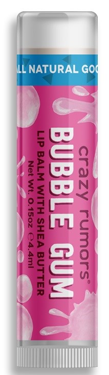 Huulivoideputkilon pinkki ja valkoinen design, merkitty "Crazy Rumors Bubble Gum" ja sisältää sheavoita.