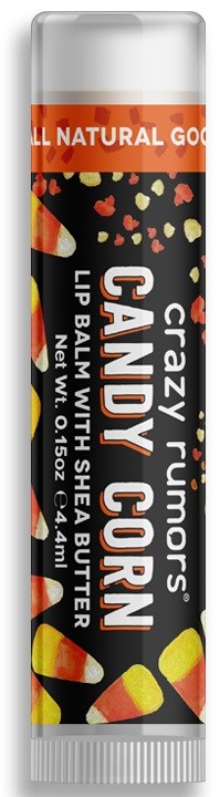 Huulirasvatikku, jossa on värikäs karkkikääpiö ja konfettikuvio, nimeltään "Crazy Funors' Candy Corn Lip Balm."