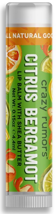 Huulivoideputki nimeltä 'Citrus Bergamot' ja siinä on kuvia appelsiineista, sitrushedelmistä ja limeistä, ja siinä mainitaan luonnolliset ainesosat.