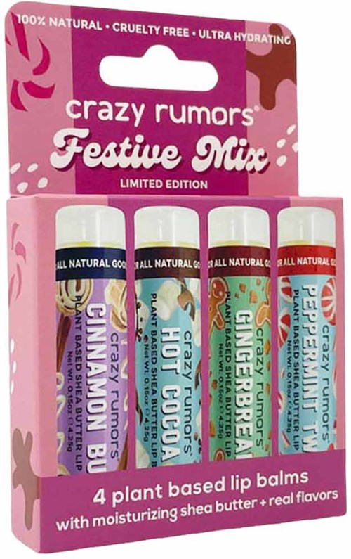 Neljän kasvipohjaisen huulirasvan sarja pinkissä pakkauksessa, nimeltään 'Crazy Rumors Festive Mix'.