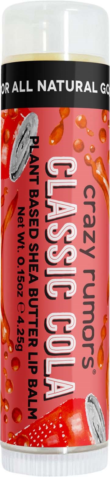 Huulten balmiputki, jossa punainen ja vaaleanpunainen etiketti, kuvaa mansikoita ja vesipisaroita, makuna 'Classic Cola'.