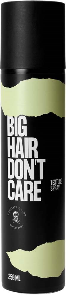 Schwarze Sprühdose mit "Big Hair Don't Care" Label und grüner zerrissener Papiergestaltung, 250 ml.