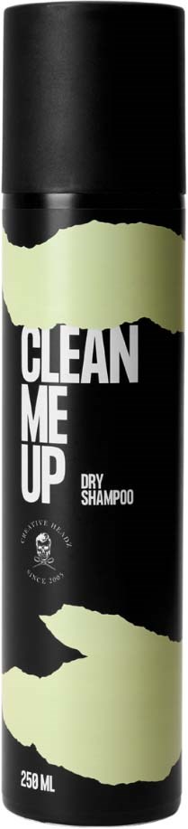 A tall black can with green accents and white text, labeled 'CLEAN ME UP DRY SHAMPOO,' holding 250 ml.