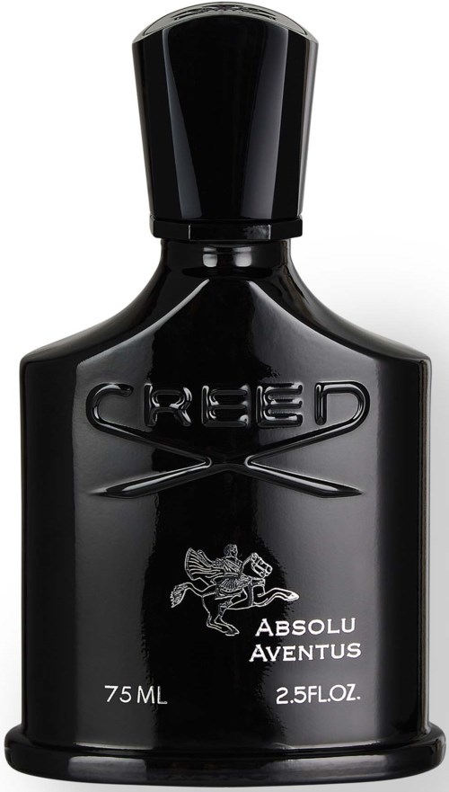 En svart, elegant flaska med orden GREED och ABSOLU AVENTUS, 75 ML, 2,5 FL OZ, och en hästlogotyp.