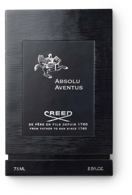 En svart förpackning med en logotyp och text för Absolu Aventus parfym, visar en man som rider på en häst och produktspecifikationer.