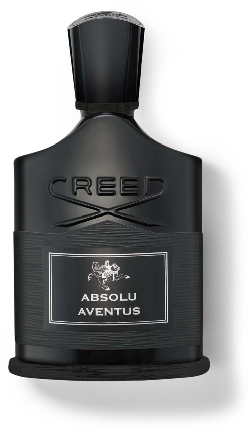 Musta pullo mustalla korkilla, etiketti Absolu Aventus Creed, hopeinen logo ja teksti.