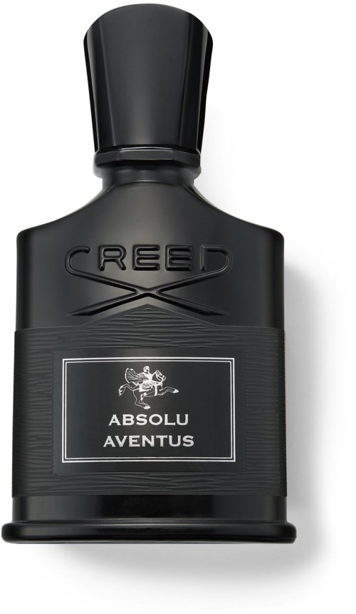 A black bottle with a cap, labeled Creed Absolu Aventus, sleek and modern design.