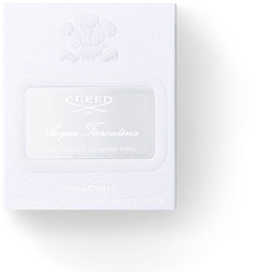 Vit box med präglad blombild och silveretikett med texten 'Creed Aqua Fiorentina.'