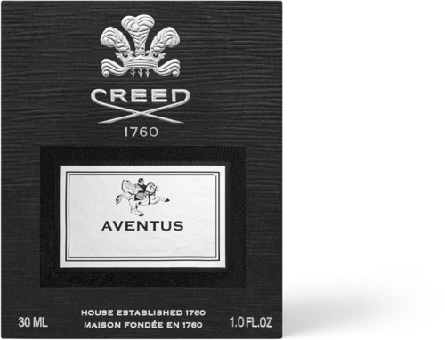 Musta pakka, jossa Creed-logo, Aventus ja koko 30ml, valkoisella taustalla.